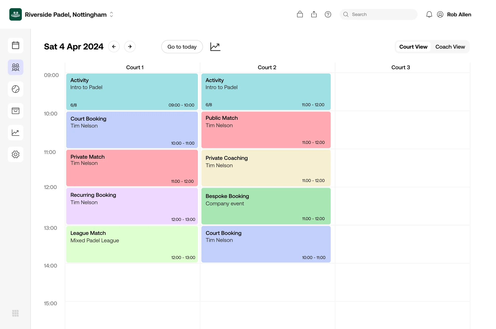 Court booking calendar view - manage padel, pickleball, and tennis bookings