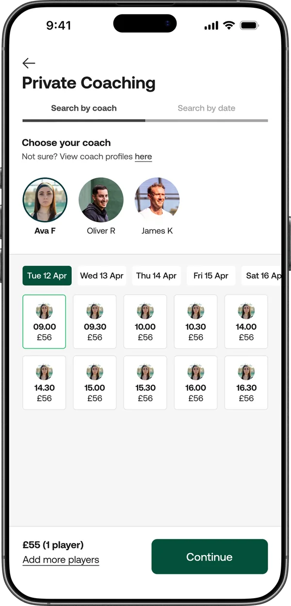 Choosing a coach and lesson time in the Nettla app