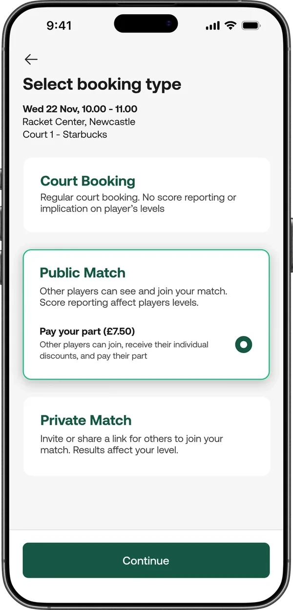 Choosing between a court booking, public match and private match