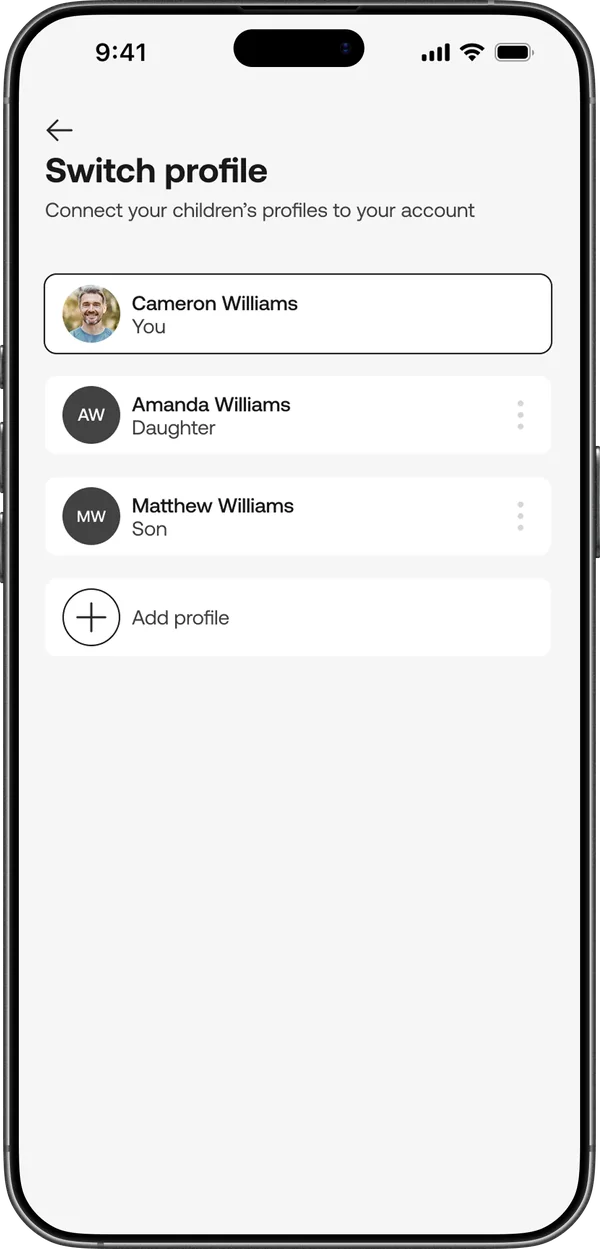 Switching between a parent and their children’s profiles