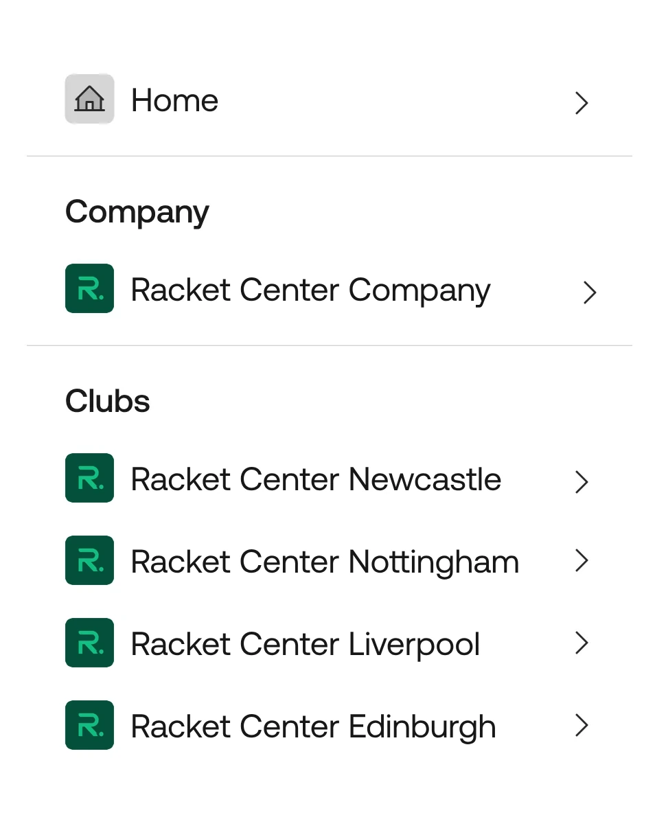 Club selector listing a company and four Riverside Padel clubs