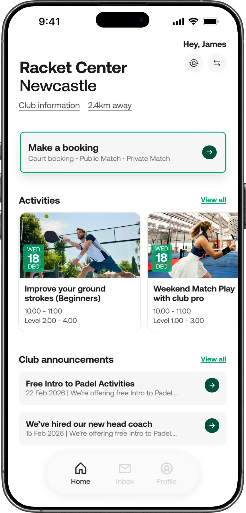 Racket Center’s club page in the app: club information, Make a booking, activities and club announcements