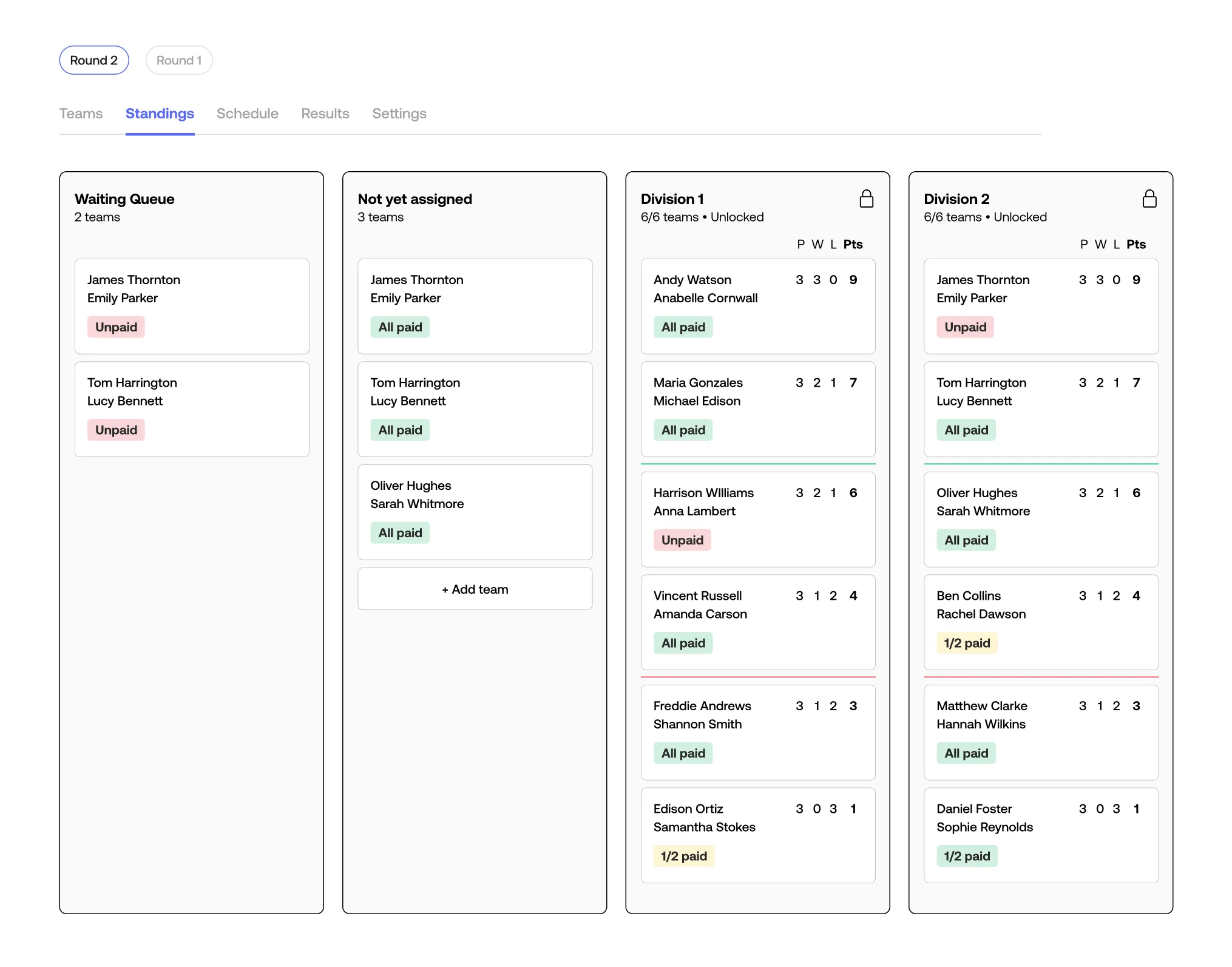 Admin standings screen showing Division 1 and Division 2 tables alongside a waiting queue and unassigned teams