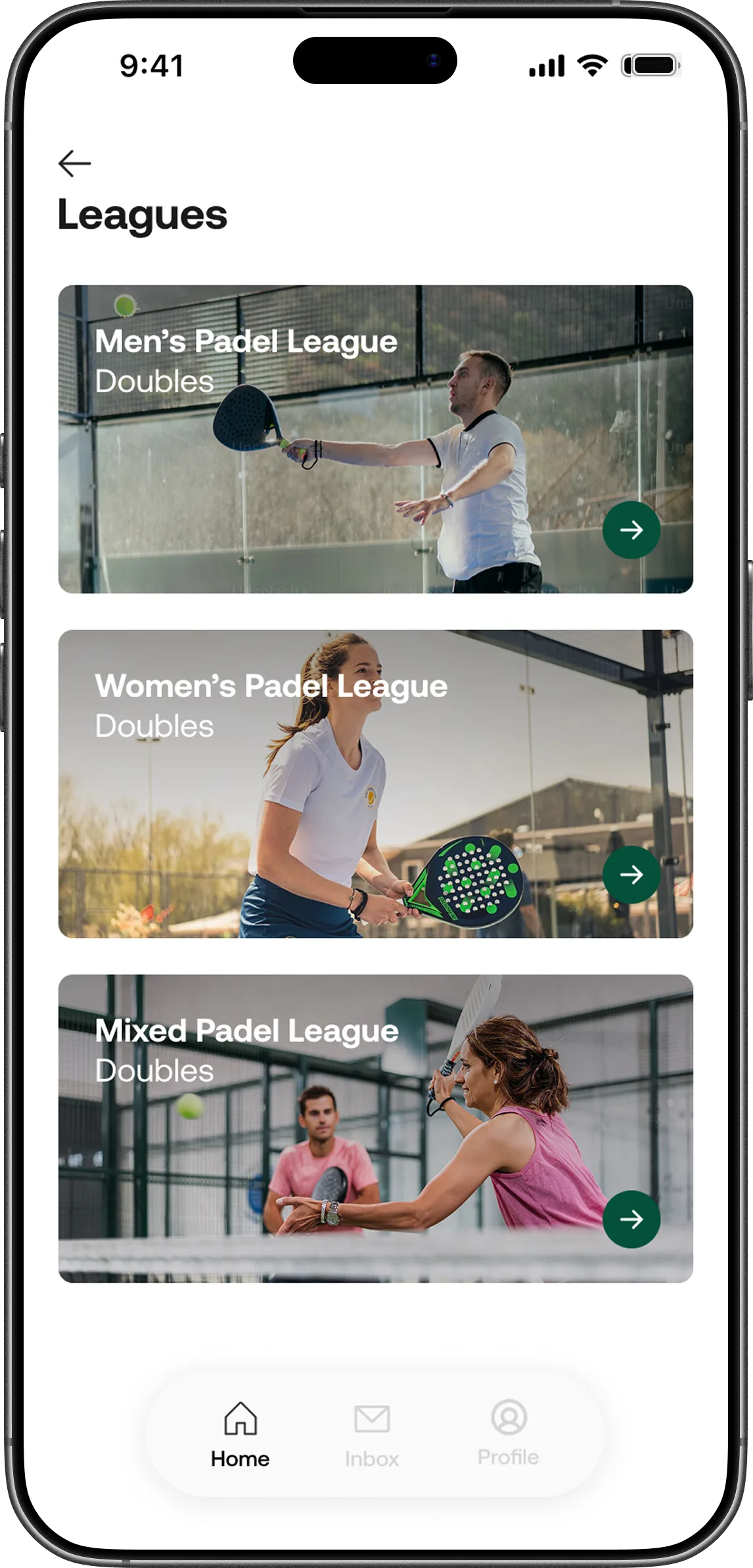 Leagues screen listing Men's, Women's and Mixed Padel League doubles options