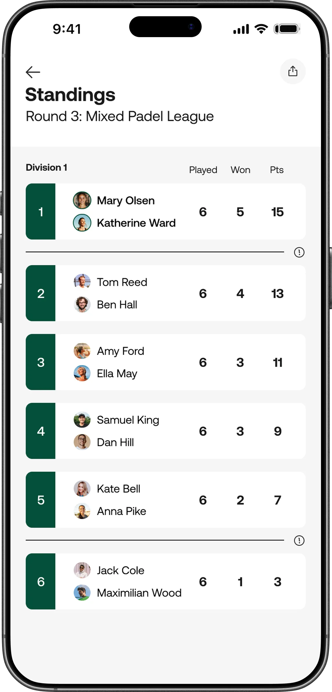 Standings screen showing the Division 1 table for round 3 of the Mixed Padel League with played, won and points columns
