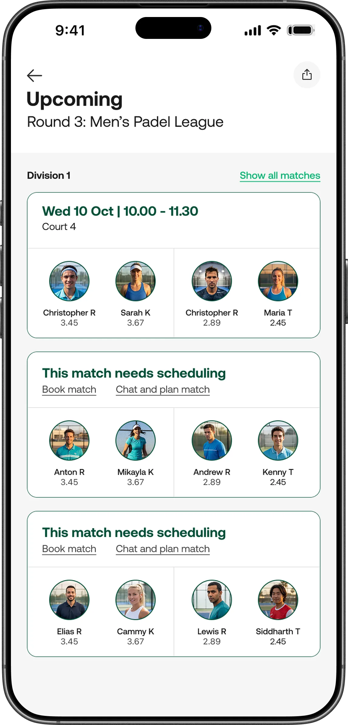 Upcoming screen showing round 3 matches for the Men's Padel League, including matches still needing scheduling