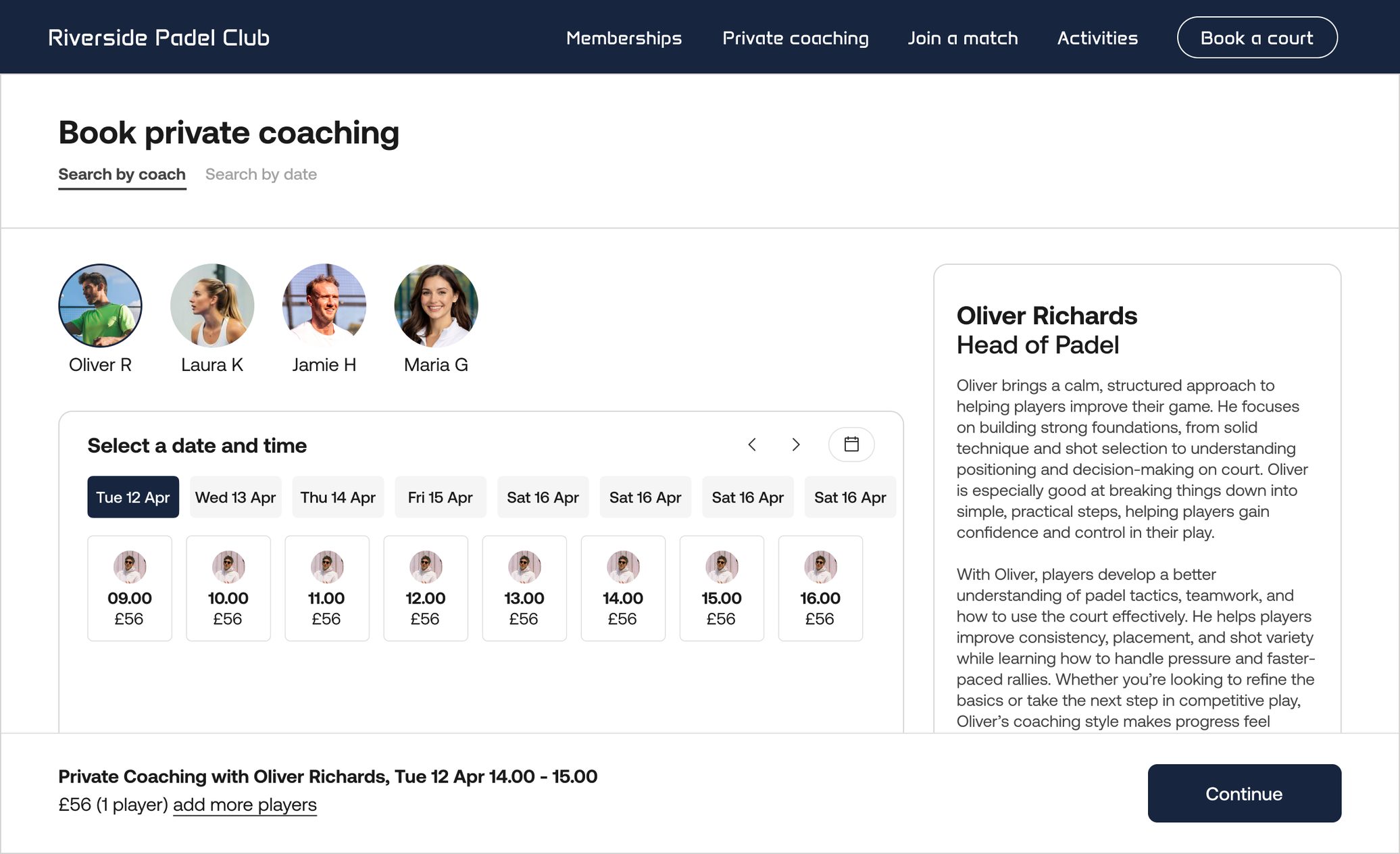 Riverside Padel Club’s website booking page for private coaching, with coaches, dates and prices