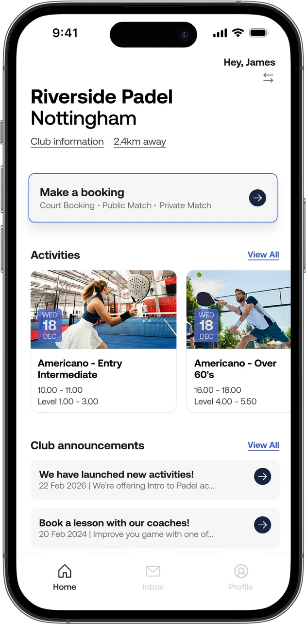 Riverside Padel’s club page in the app: club information, Make a booking, activities and club announcements