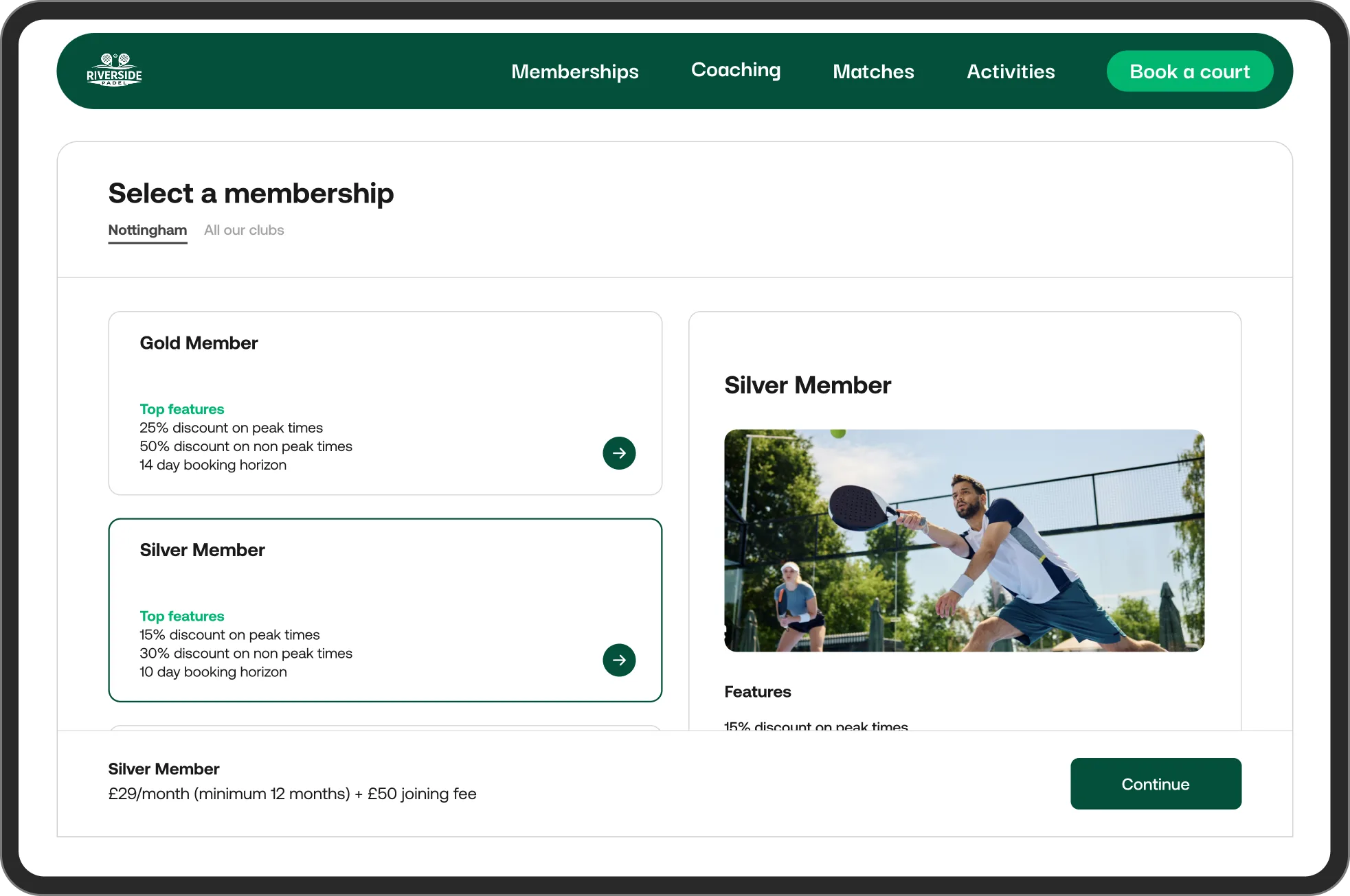 Bokningswidget med medlemsvy för padel-, tennis- och pickleballklubbar