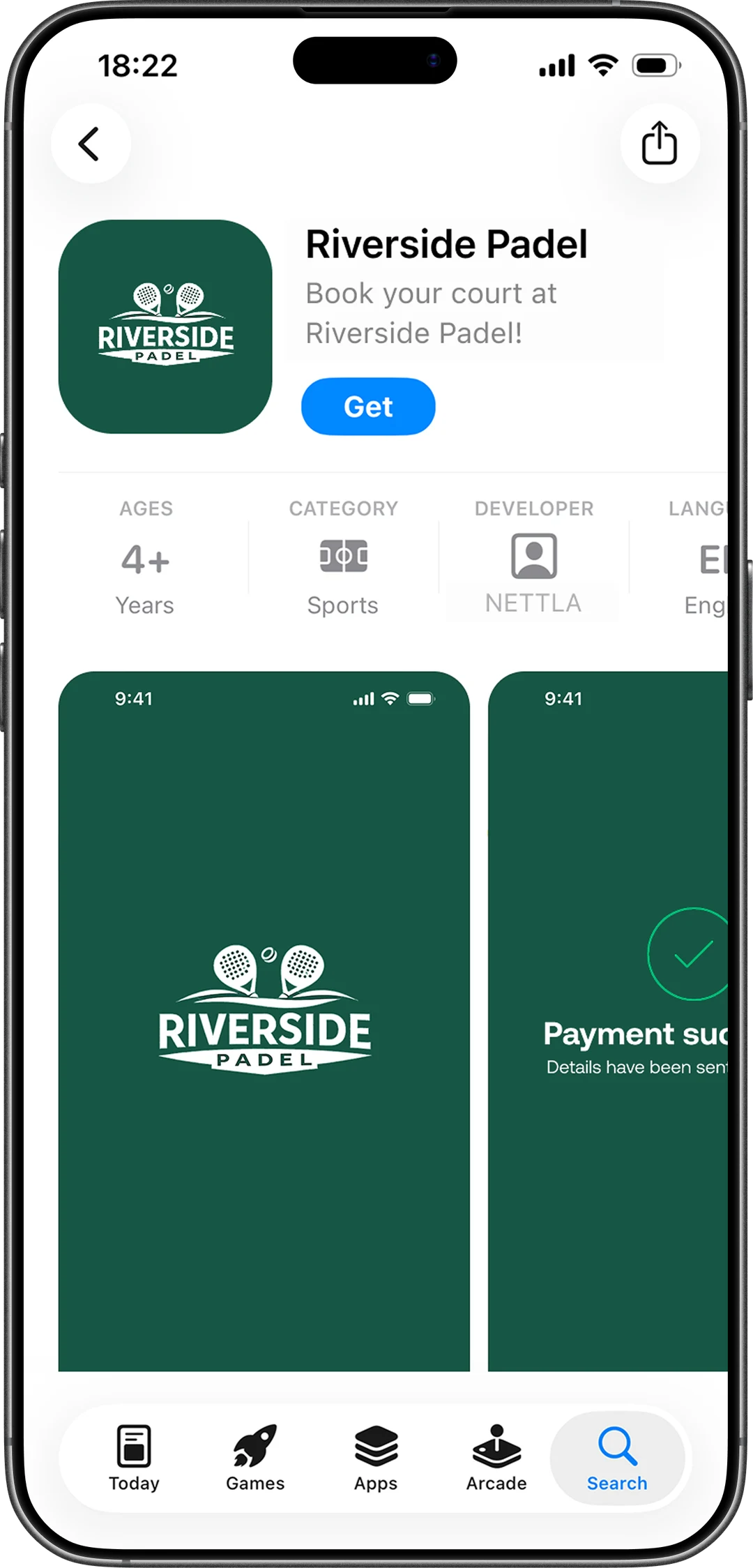 A club's own white-label padel app published under their brand on the App Store